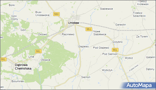 mapa Głażewo gmina Unisław, Głażewo gmina Unisław na mapie Targeo