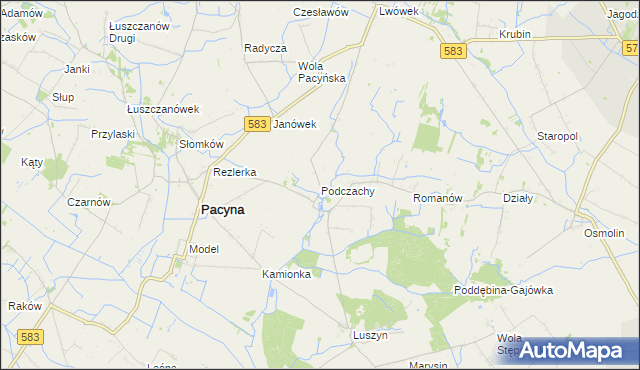 mapa Podczachy gmina Pacyna, Podczachy gmina Pacyna na mapie Targeo