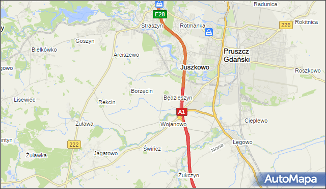 mapa Będzieszyn gmina Pruszcz Gdański, Będzieszyn gmina Pruszcz Gdański na mapie Targeo