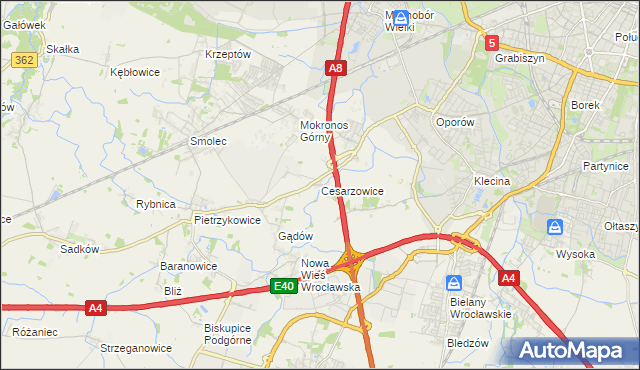 mapa Cesarzowice gmina Kąty Wrocławskie, Cesarzowice gmina Kąty Wrocławskie na mapie Targeo