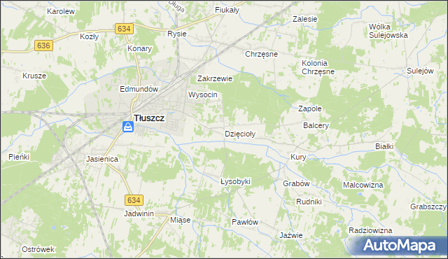 mapa Dzięcioły gmina Tłuszcz, Dzięcioły gmina Tłuszcz na mapie Targeo