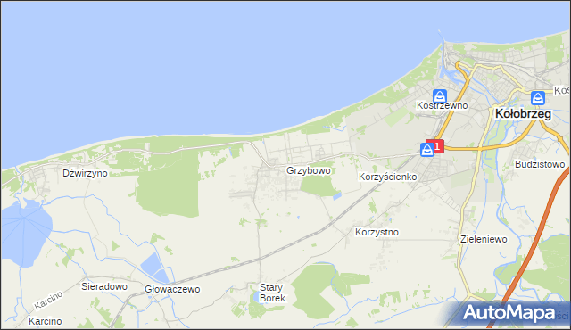 mapa Grzybowo gmina Kołobrzeg, Grzybowo gmina Kołobrzeg na mapie Targeo