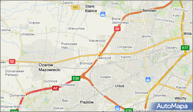 mapa Jawczyce gmina Ożarów Mazowiecki, Jawczyce gmina Ożarów Mazowiecki na mapie Targeo