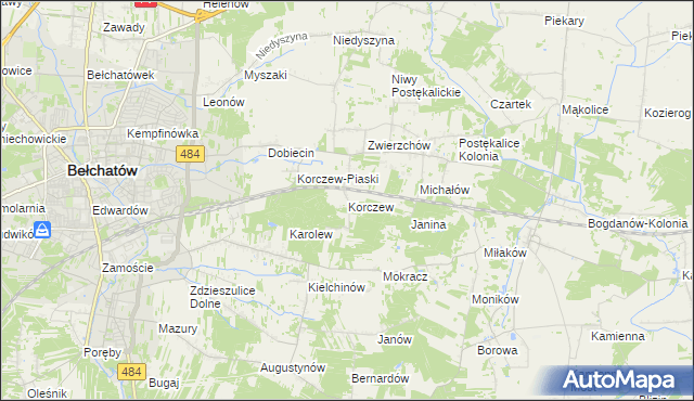 mapa Korczew gmina Bełchatów, Korczew gmina Bełchatów na mapie Targeo