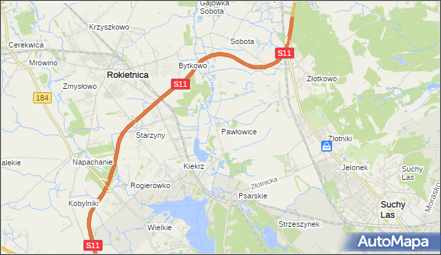 mapa Pawłowice gmina Rokietnica, Pawłowice gmina Rokietnica na mapie Targeo