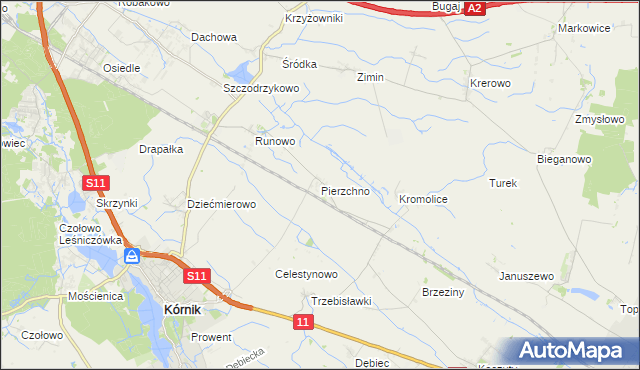 mapa Pierzchno gmina Kórnik, Pierzchno gmina Kórnik na mapie Targeo