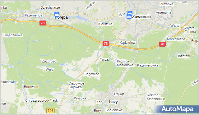 mapa Turza gmina Łazy, Turza gmina Łazy na mapie Targeo