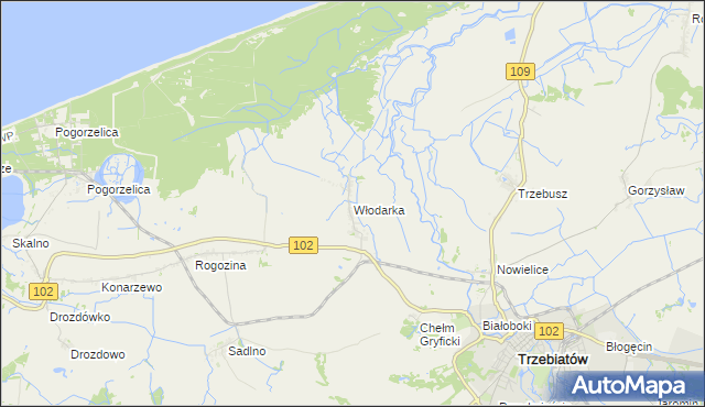 mapa Włodarka gmina Trzebiatów, Włodarka gmina Trzebiatów na mapie Targeo