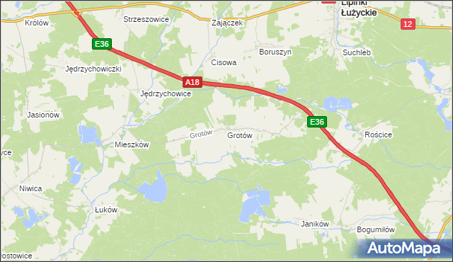 mapa Grotów gmina Lipinki Łużyckie, Grotów gmina Lipinki Łużyckie na mapie Targeo