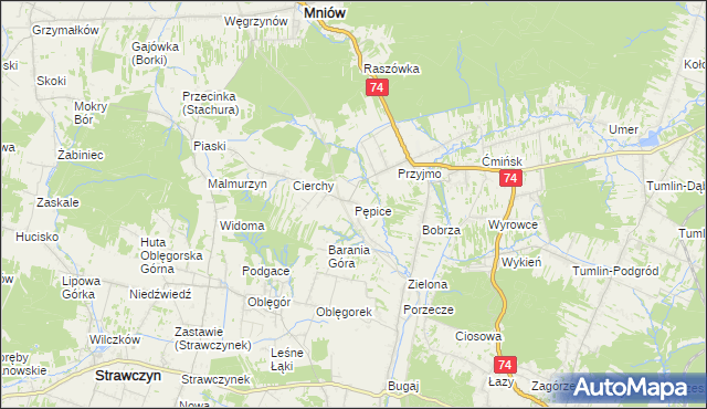 mapa Pępice gmina Mniów, Pępice gmina Mniów na mapie Targeo