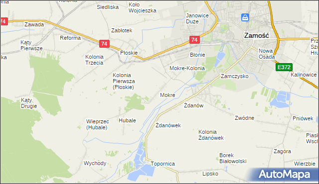 mapa Mokre gmina Zamość, Mokre gmina Zamość na mapie Targeo