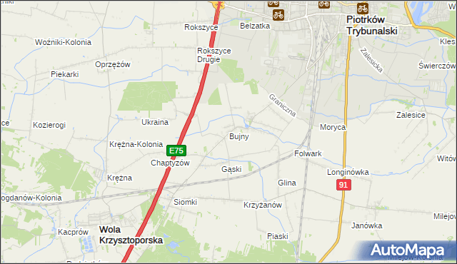 mapa Bujny gmina Wola Krzysztoporska, Bujny gmina Wola Krzysztoporska na mapie Targeo