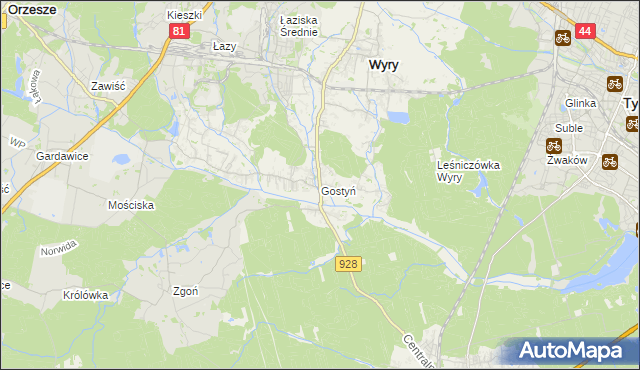 mapa Gostyń gmina Wyry, Gostyń gmina Wyry na mapie Targeo