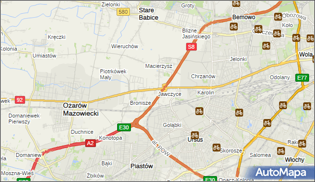 mapa Jawczyce gmina Ożarów Mazowiecki, Jawczyce gmina Ożarów Mazowiecki na mapie Targeo