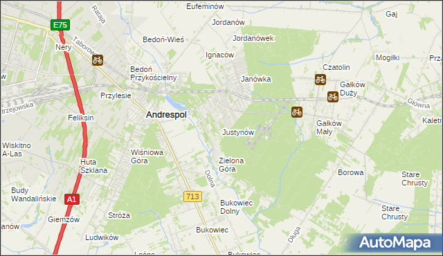 mapa Justynów gmina Andrespol, Justynów gmina Andrespol na mapie Targeo