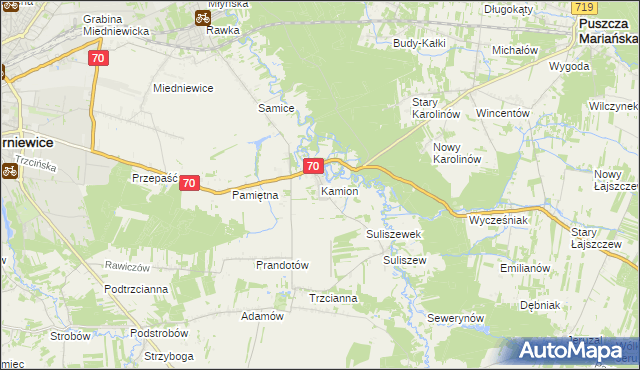 mapa Kamion gmina Puszcza Mariańska, Kamion gmina Puszcza Mariańska na mapie Targeo