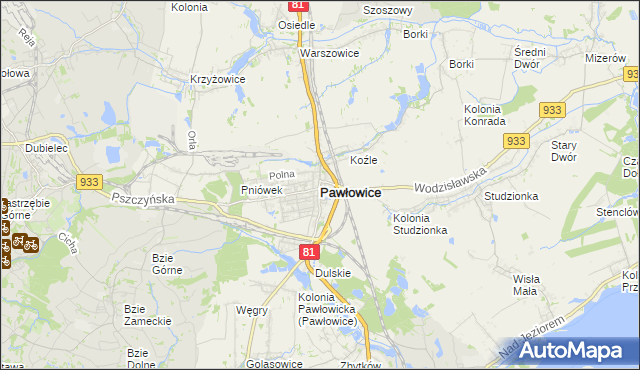 mapa Pawłowice powiat pszczyński, Pawłowice powiat pszczyński na mapie Targeo
