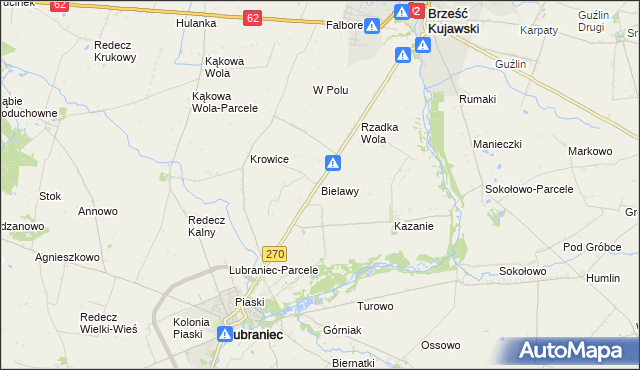 mapa Bielawy gmina Lubraniec, Bielawy gmina Lubraniec na mapie Targeo
