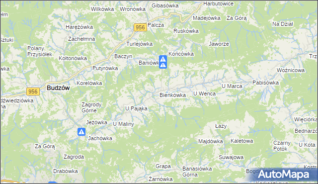 mapa Bieńkówka gmina Budzów, Bieńkówka gmina Budzów na mapie Targeo