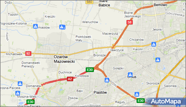 mapa Bronisze gmina Ożarów Mazowiecki, Bronisze gmina Ożarów Mazowiecki na mapie Targeo