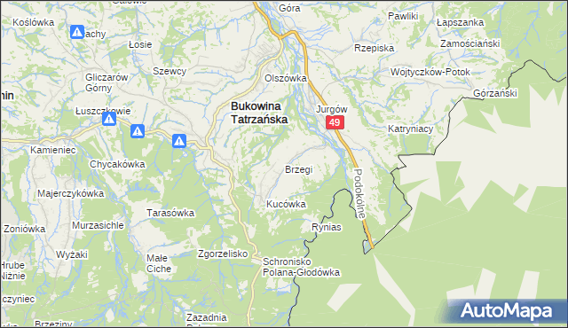 mapa Brzegi gmina Bukowina Tatrzańska, Brzegi gmina Bukowina Tatrzańska na mapie Targeo