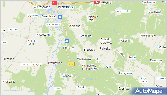 mapa Brzostek gmina Przedbórz, Brzostek gmina Przedbórz na mapie Targeo