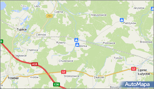 mapa Dębinka gmina Trzebiel, Dębinka gmina Trzebiel na mapie Targeo