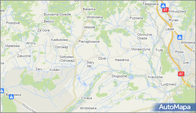 mapa Dział gmina Czarny Dunajec, Dział gmina Czarny Dunajec na mapie Targeo