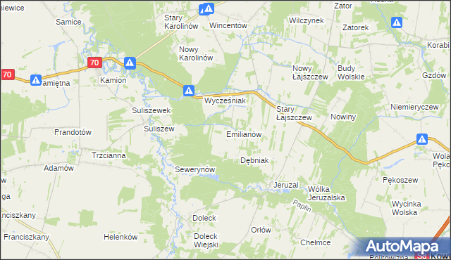 mapa Emilianów gmina Puszcza Mariańska, Emilianów gmina Puszcza Mariańska na mapie Targeo