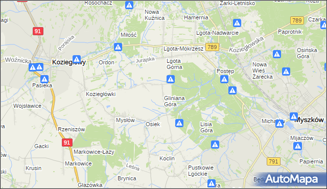 mapa Gliniana Góra gmina Koziegłowy, Gliniana Góra gmina Koziegłowy na mapie Targeo