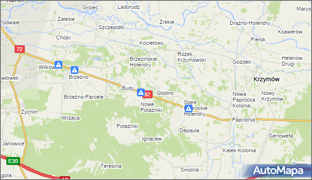mapa Głodno gmina Krzymów, Głodno gmina Krzymów na mapie Targeo