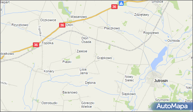 mapa Grąbkowo gmina Jutrosin, Grąbkowo gmina Jutrosin na mapie Targeo