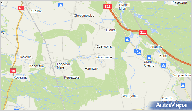 mapa Gronowice gmina Lasowice Wielkie, Gronowice gmina Lasowice Wielkie na mapie Targeo