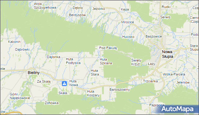 mapa Huta Szklana gmina Bieliny, Huta Szklana gmina Bieliny na mapie Targeo