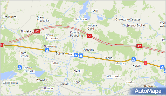 mapa Jagodne gmina Kotuń, Jagodne gmina Kotuń na mapie Targeo