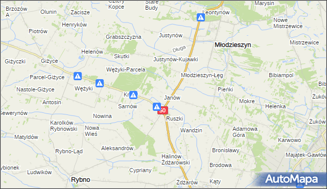 mapa Janów gmina Młodzieszyn, Janów gmina Młodzieszyn na mapie Targeo