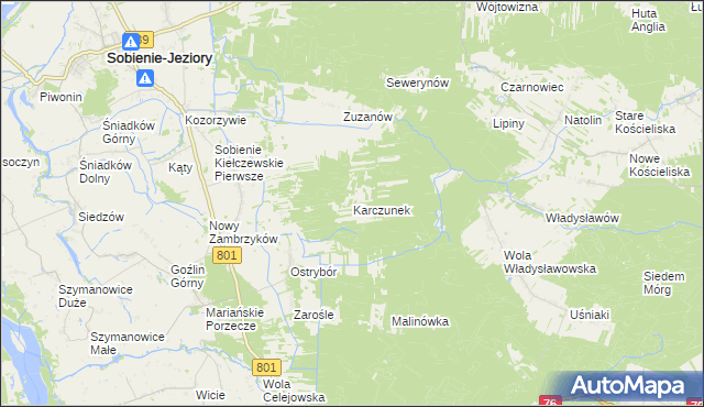 mapa Karczunek gmina Sobienie-Jeziory, Karczunek gmina Sobienie-Jeziory na mapie Targeo