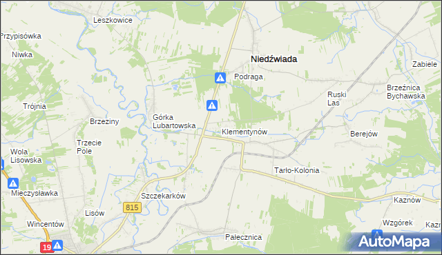 mapa Klementynów gmina Niedźwiada, Klementynów gmina Niedźwiada na mapie Targeo