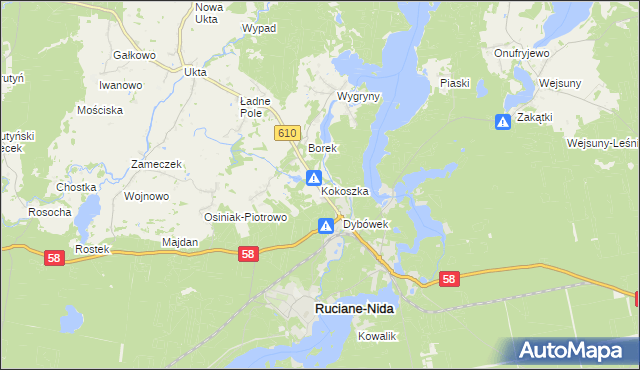 mapa Kokoszka gmina Ruciane-Nida, Kokoszka gmina Ruciane-Nida na mapie Targeo