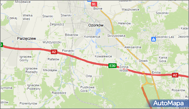 mapa Kowalewice gmina Parzęczew, Kowalewice gmina Parzęczew na mapie Targeo