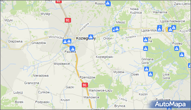 mapa Koziegłówki, Koziegłówki na mapie Targeo