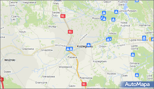 mapa Koziegłowy powiat myszkowski, Koziegłowy powiat myszkowski na mapie Targeo