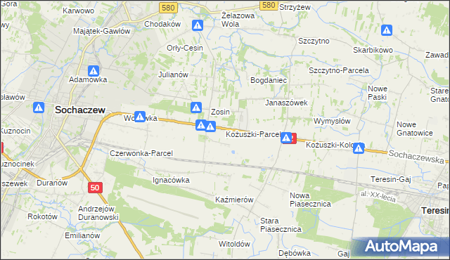 mapa Kożuszki-Parcel, Kożuszki-Parcel na mapie Targeo