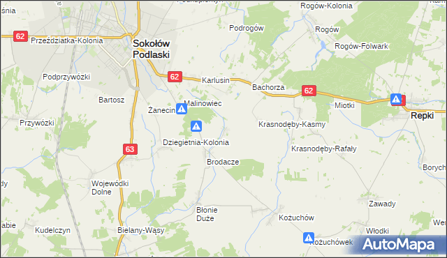 mapa Krasnodęby-Sypytki, Krasnodęby-Sypytki na mapie Targeo