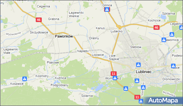 mapa Lisowice gmina Pawonków, Lisowice gmina Pawonków na mapie Targeo