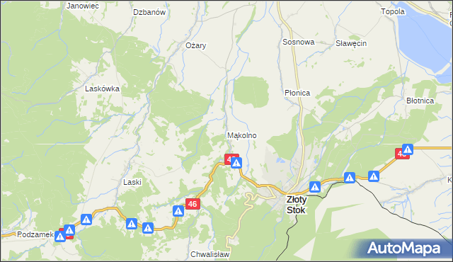 mapa Mąkolno gmina Złoty Stok, Mąkolno gmina Złoty Stok na mapie Targeo