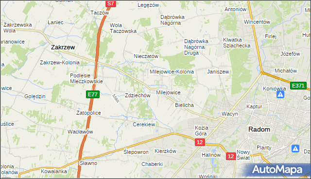 mapa Milejowice gmina Zakrzew, Milejowice gmina Zakrzew na mapie Targeo