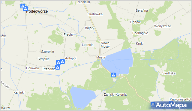 mapa Mosty gmina Podedwórze, Mosty gmina Podedwórze na mapie Targeo