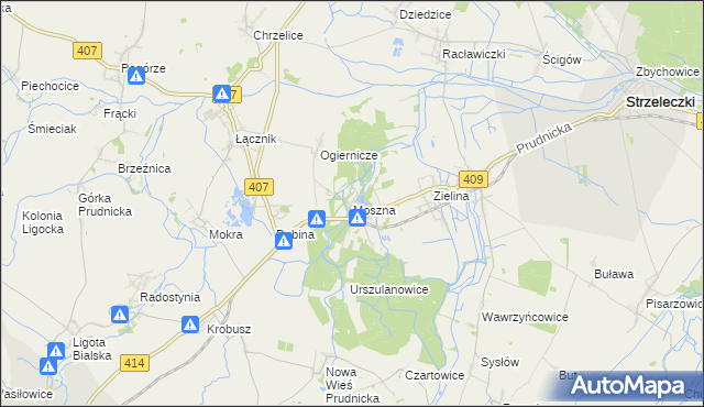 mapa Moszna gmina Strzeleczki, Moszna gmina Strzeleczki na mapie Targeo