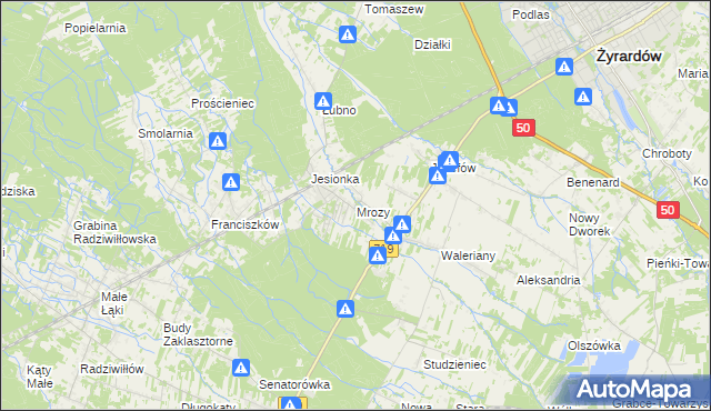 mapa Mrozy gmina Puszcza Mariańska, Mrozy gmina Puszcza Mariańska na mapie Targeo